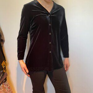 CONRAD C. BLACK STRETCH VELVET, BUTTON UP BLOUSE, ELEGANT LONG SLEEVES TUNIC TOP